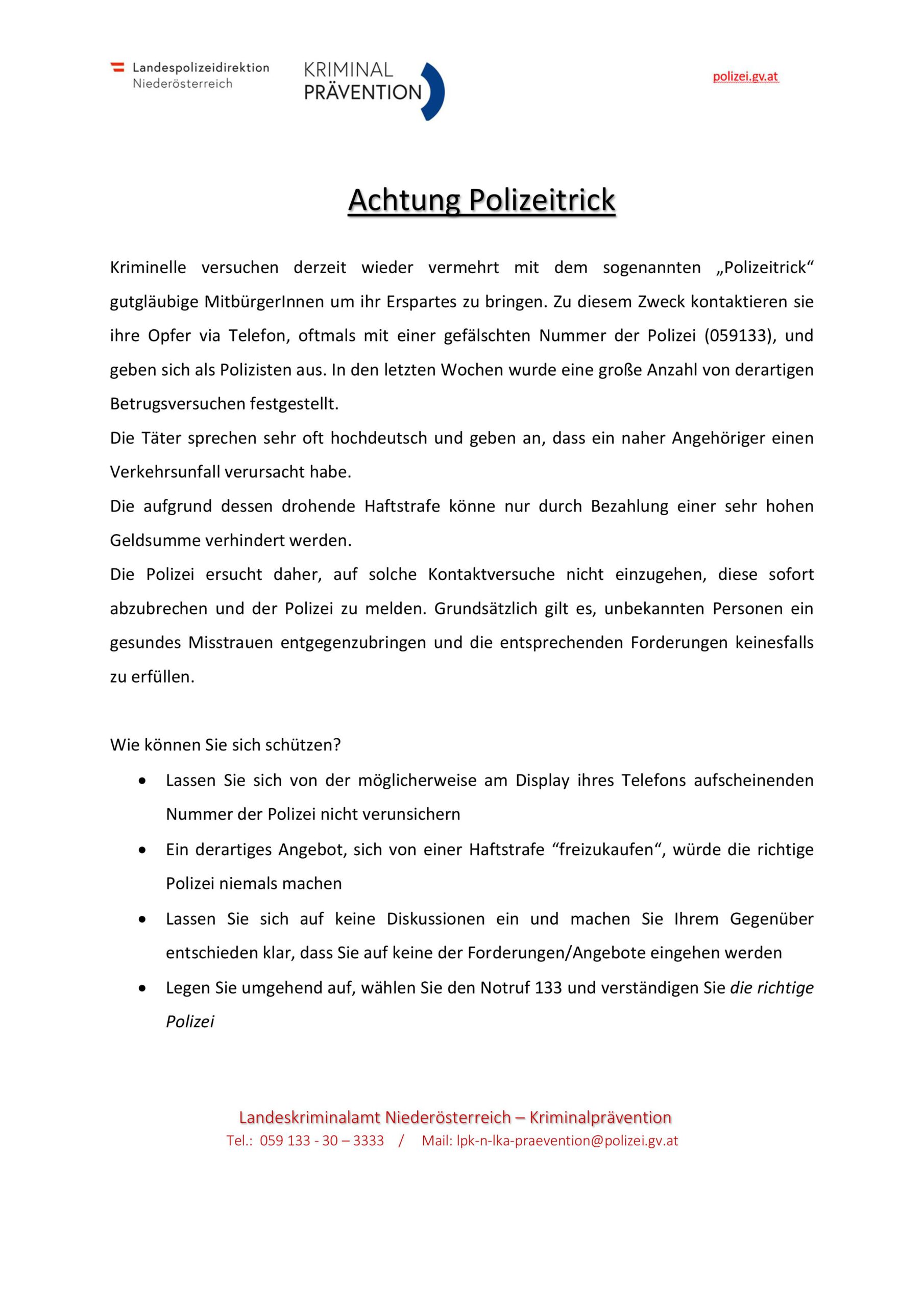 Präventionsmaßnahmen Polizeitrick/Medizintrick